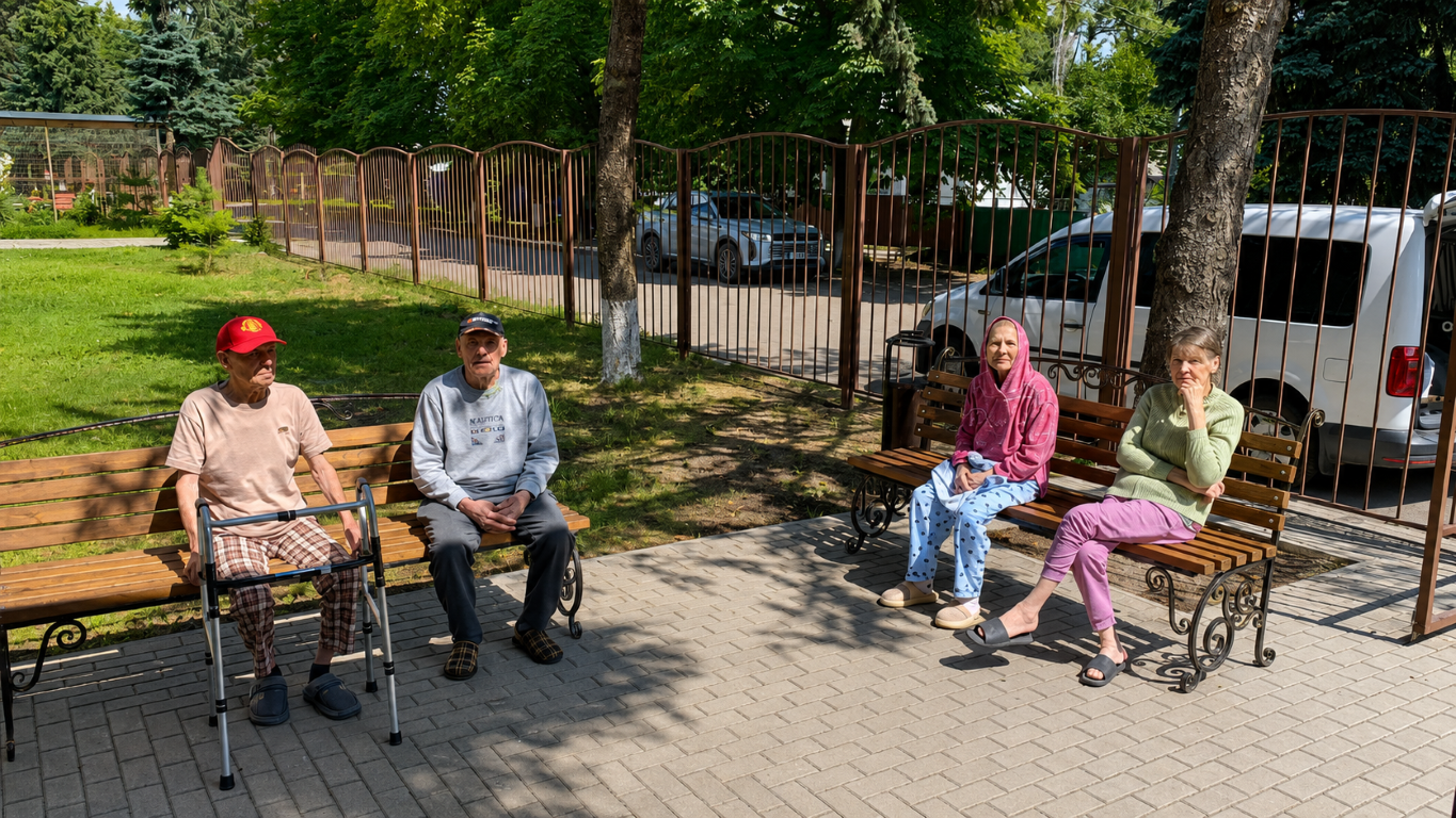 Пожилые люди сидят на лавках во дворе пансионата